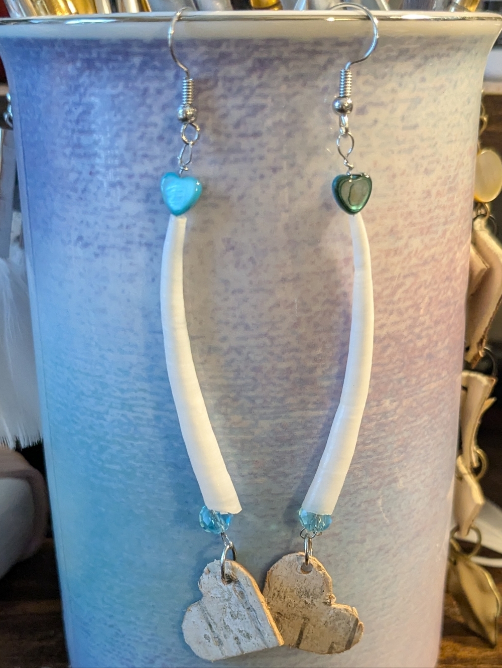 Native American Birch Bark Love Earrings With Dentalium Shells & Teal Beads